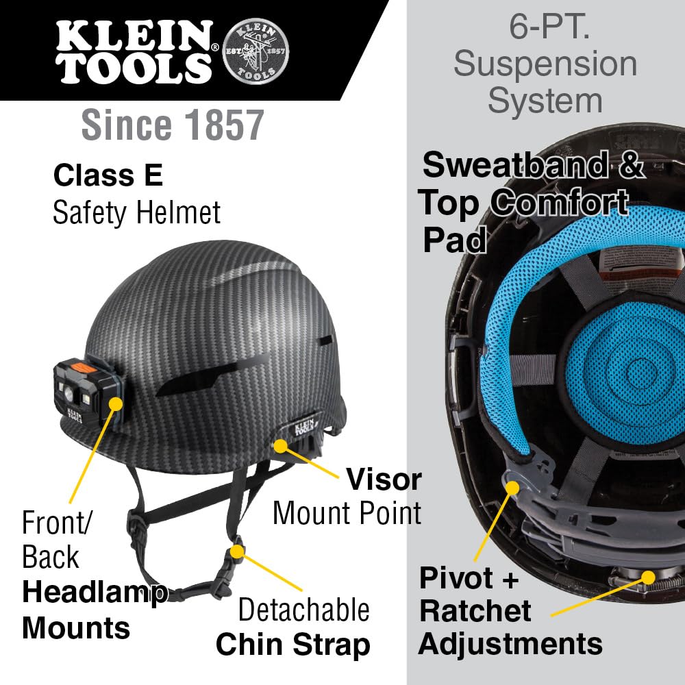 Klein Tools 60515 Casco de Seguridad, Clase E sin ventilación, con lámpara Recargable y Correa de Barbilla, patrón KARBN Premium, Probado hasta 20 kV