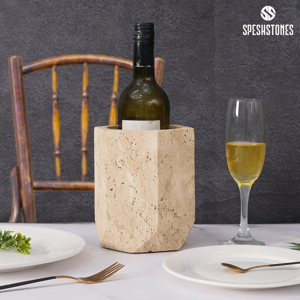 Marble Wine Chiller 6.5 Inch Handmade Travertine Wine Cooler, Stone Bottle Holder Countertop, Marble Champagne Chiller for Beverages, Home Bar, Party & Gifts - Image 3