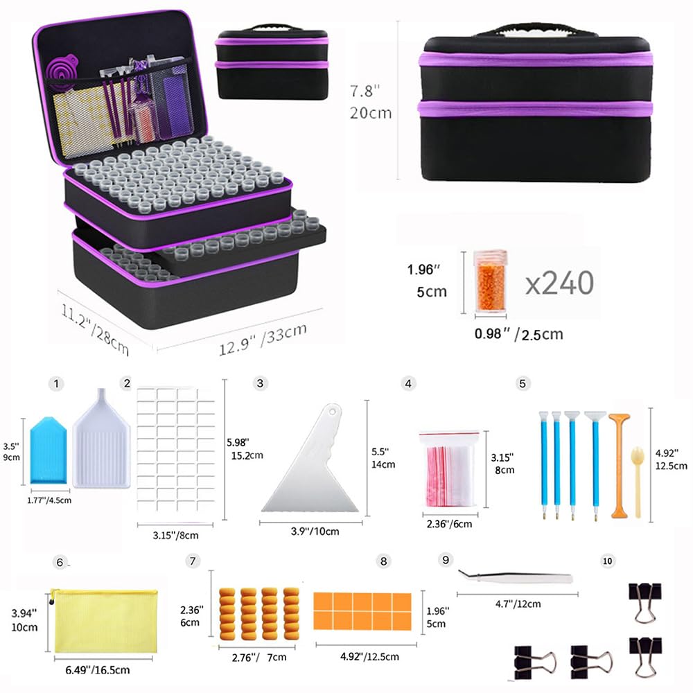 Organizer per Accessori Diamond Painting 240 Scatole Trasparenti Contenitori-Staccabile Interna+Accessori,Tasca con Rete,Maniglia e Chiusura Lampo,per riporre gli accessori la pittura a diamante
