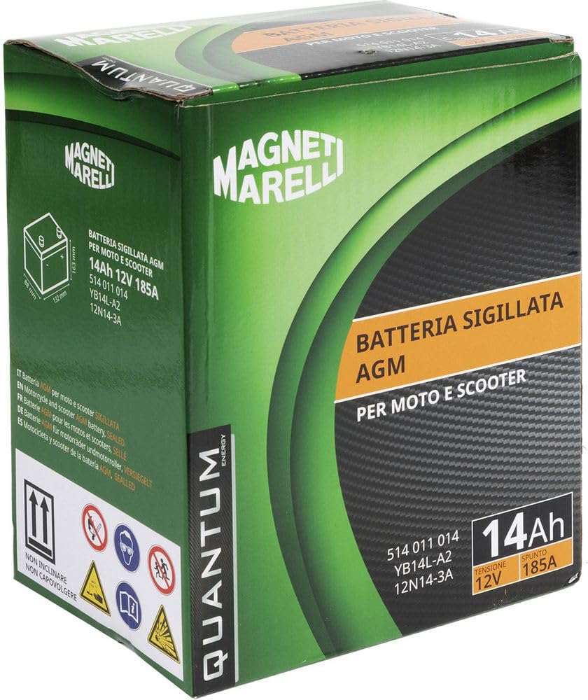 Quantum Energy Batería Magneti Marelli para motocicletas y scooters, 14 Ah, 12 V, 185 A, sellada, tecnología AGM, polo positivo izquierdo