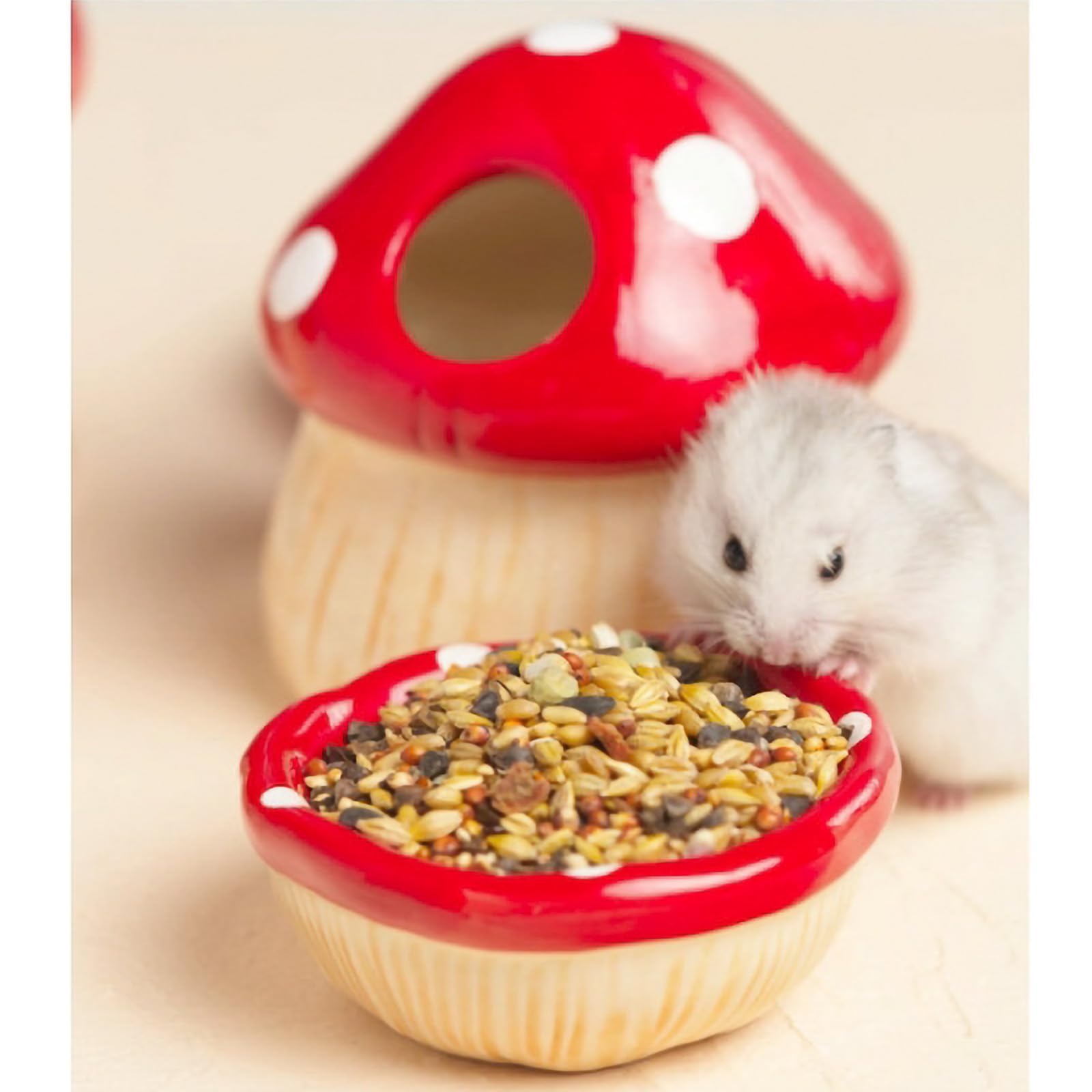 Maison de Hamster en Céramique, Cachette Champignon avec Gamelle, Refuge Frais pour Hamsters Nains, Gerbilles, Souris et Hamsters Dorés (Pet Nest+Pet Bowl)