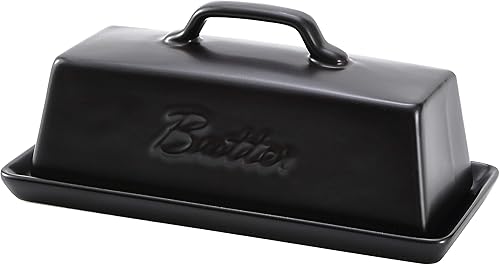 Bruntmor Mantequillera de cerámica con tapa. MantequilleraBandejaAlmacenamiento Con Tapa Y Asa. Mantequilla De Porcelana Para Encimera. Plato De