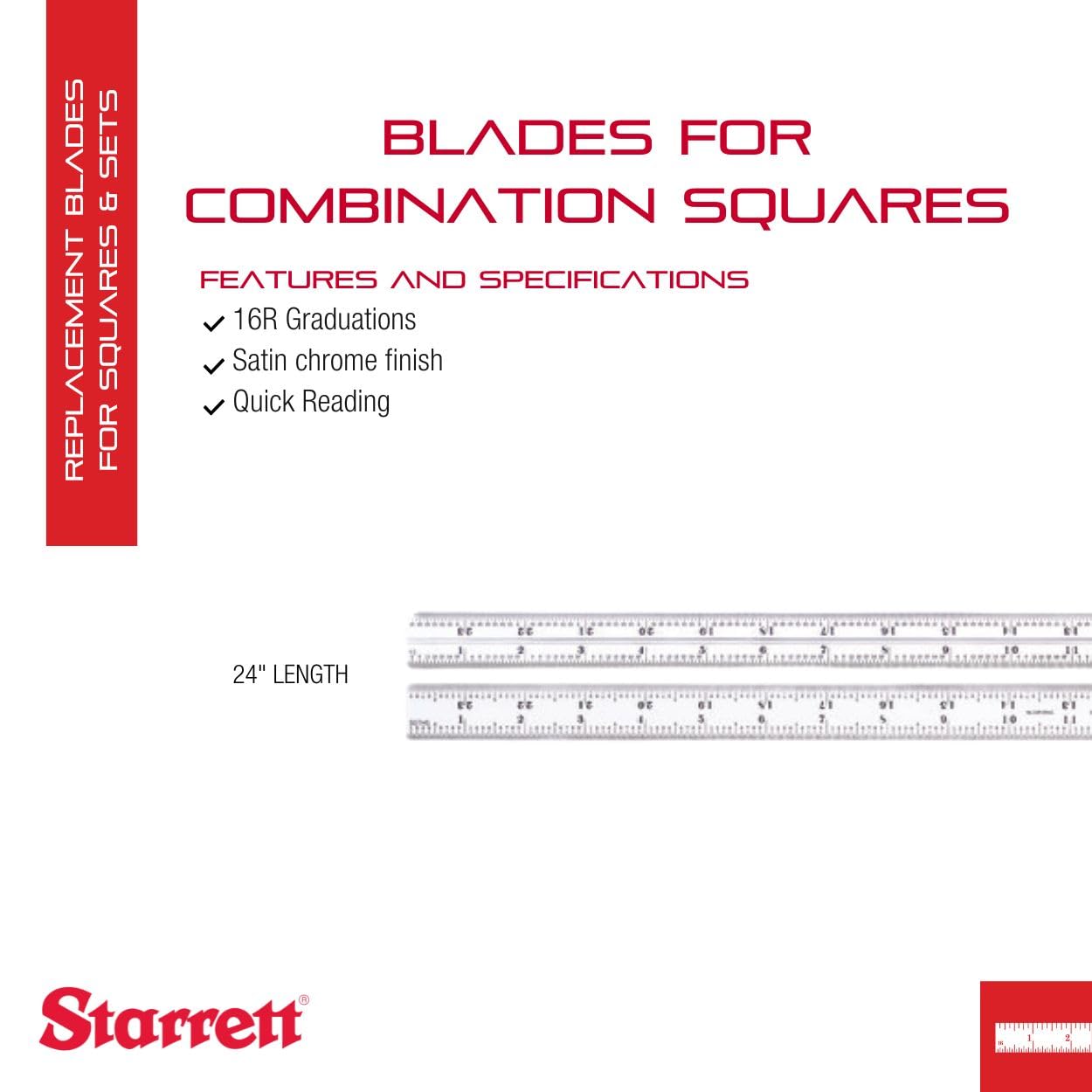 Starrett CB24 – 16R escuadra hoja con graduaciones,, juegos y bisel protractors, satén cromo acabado, 4R graduación, 4 cm de ancho, 3/32 "de grosor, tamaño 24"