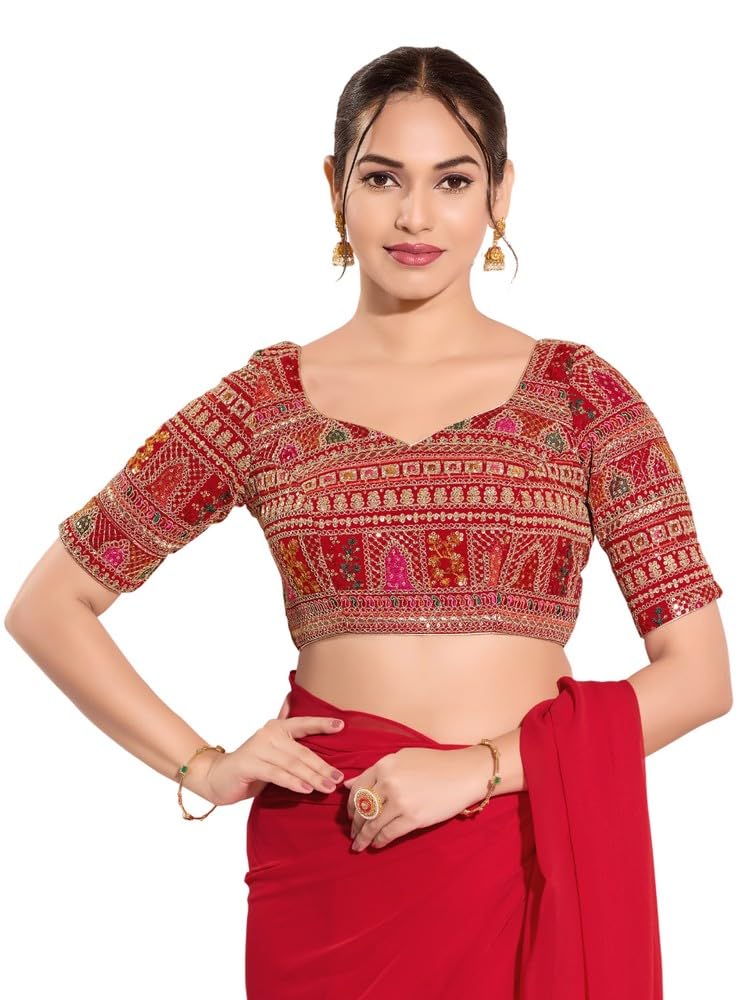 vamas Women's Art Silk Padded Self Design Half Sleeve Readymade Saree Blouse (B-153.ELB)-picture-14