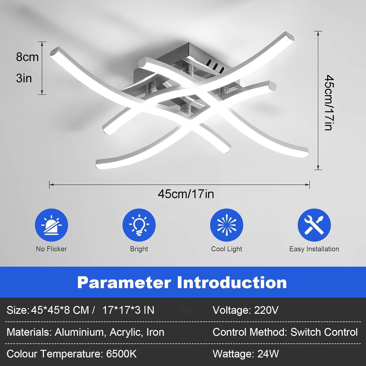 Dorlink Plafoniera LED Soffitto Moderna, 24W 2160LM Lampadario LED Camera da Letto, 6500K Bianco Freddo Lampadari Cucina, 4 Luci Plafoniera Onde Sfalsate Argento, Lampadario Soggiorno, Ø45CM