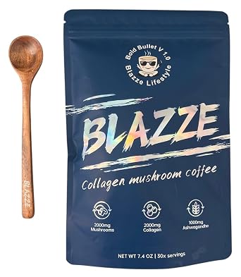 Collagen Mushroom Coffee with Ashwagandha 2000mg Mushrooms, 2000mg Collagen & 1000mg Ashwagandha Adaptogenic Coffee for Focus, Calm & Skin Health 30 Servings