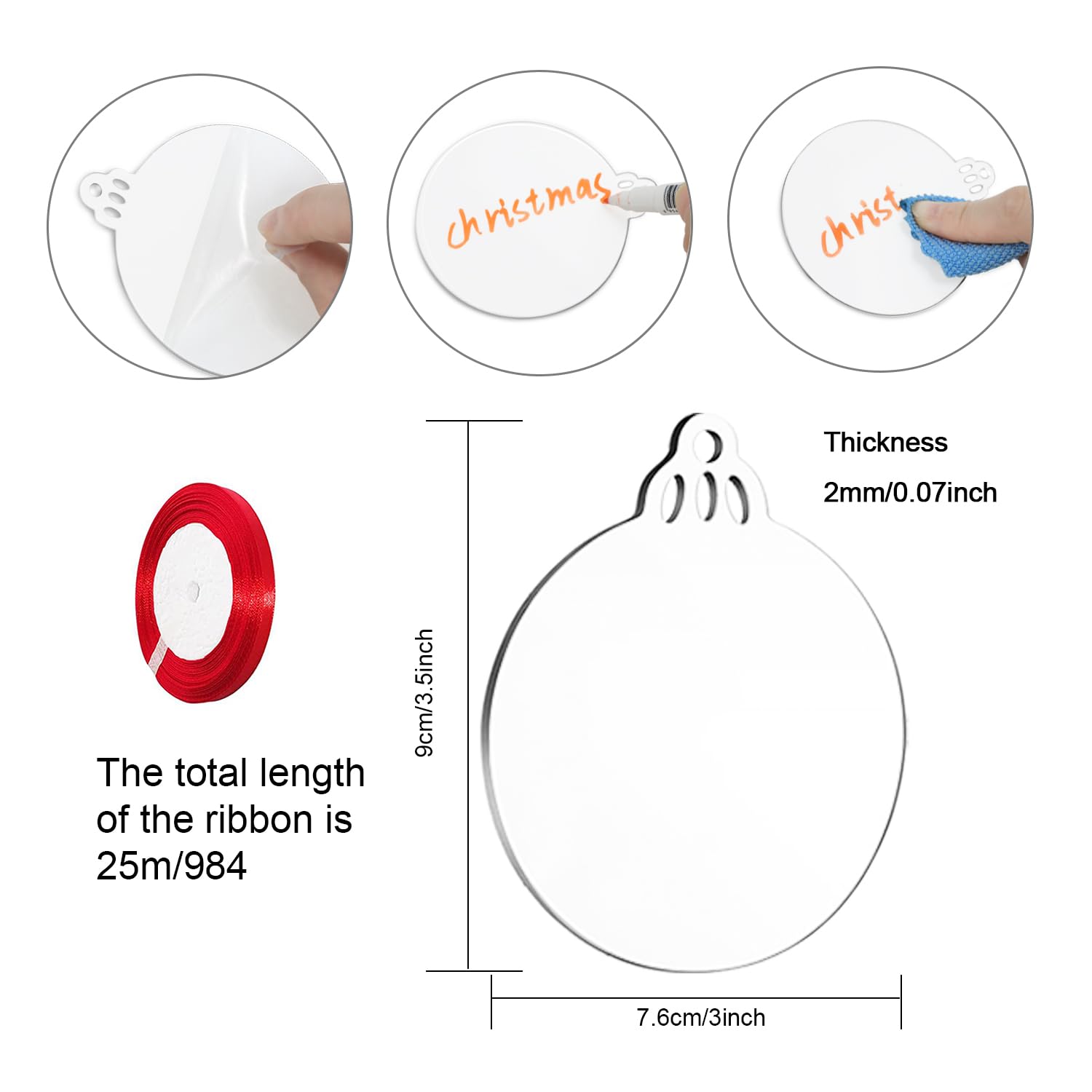 DARENYI Acrylic Baubles Blanks for Xmas Christmas Hanging Ornaments Craft Blanks Circles Acrylic Discs with Hole Clear Perspex Discs for Christmas Tree Hanging DIY Decoration Red Ribbon(50pcs - Image 2