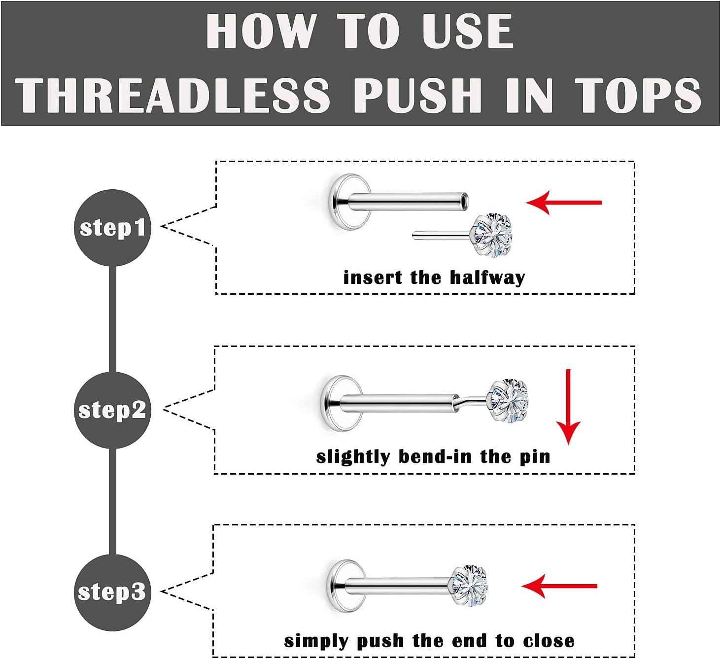 Vsnnsns 16G 18G 20G Threadless Push in Lip Rings Stainless Steel Flat Back Nose Rings Studs Earrings Tragus Helix Conch Cartilage Lobe Earrings Stud Piercing Jewelry for Women Men Diamond CZ Silver - Image 3