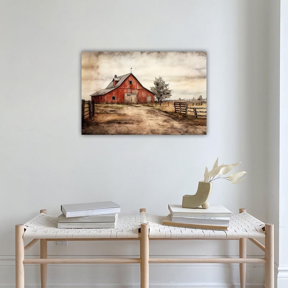 LURENCZH Barn Canvas Wall Art Old Red Farmhouse Picture Prints Countryside Scenery Paintings for Living Room Bedroom Decor Framed(Farmhouse-1,12.00" x 18.00")
