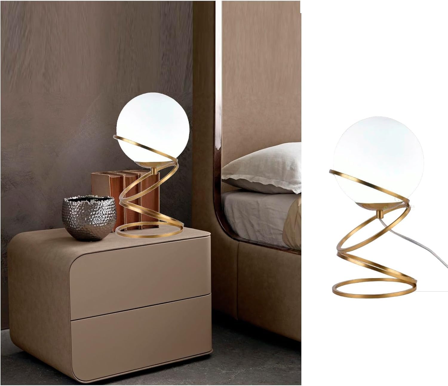 Lampada da tavolo comodino oro con sfera in vetro bianco design moderno lume dorato con cerchi (1) D31