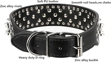 PU Leather Spiked Studded Dog Collar 2 Wide Anti-Bite Collar