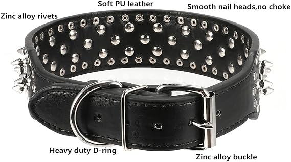 PU Leather Spiked Studded Dog Collar 2 Wide Anti-Bite Collar