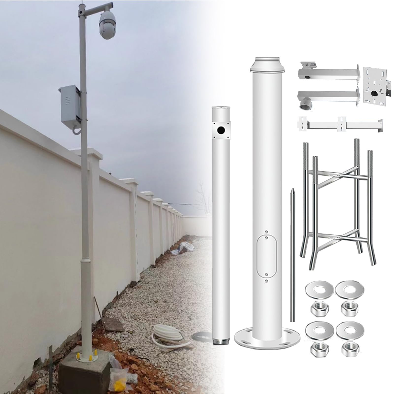 MRVAKDYDI Weatherproof Steel Surveillance Post, Outdoor Security Camera Pole Mount Kit White Multiple Sizes(350cm (2 Sections) H)