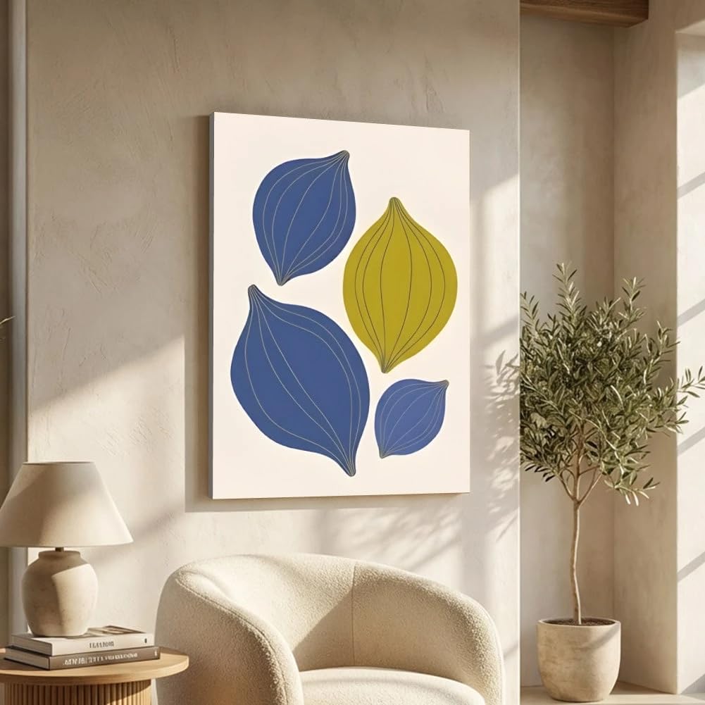 1 cuadro abstracto con formas de hojas en azul y amarillo, ideal para sala de estar (70x120cm/Sin marco).