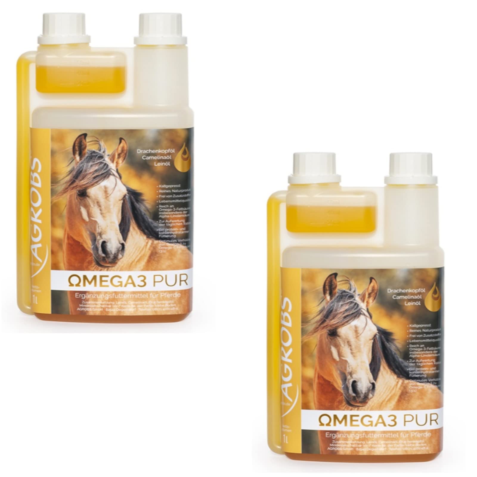 Agrobs Mezcla de aceite OMEGA3 Pur para caballos, pack doble, 2 botellas de 1 L