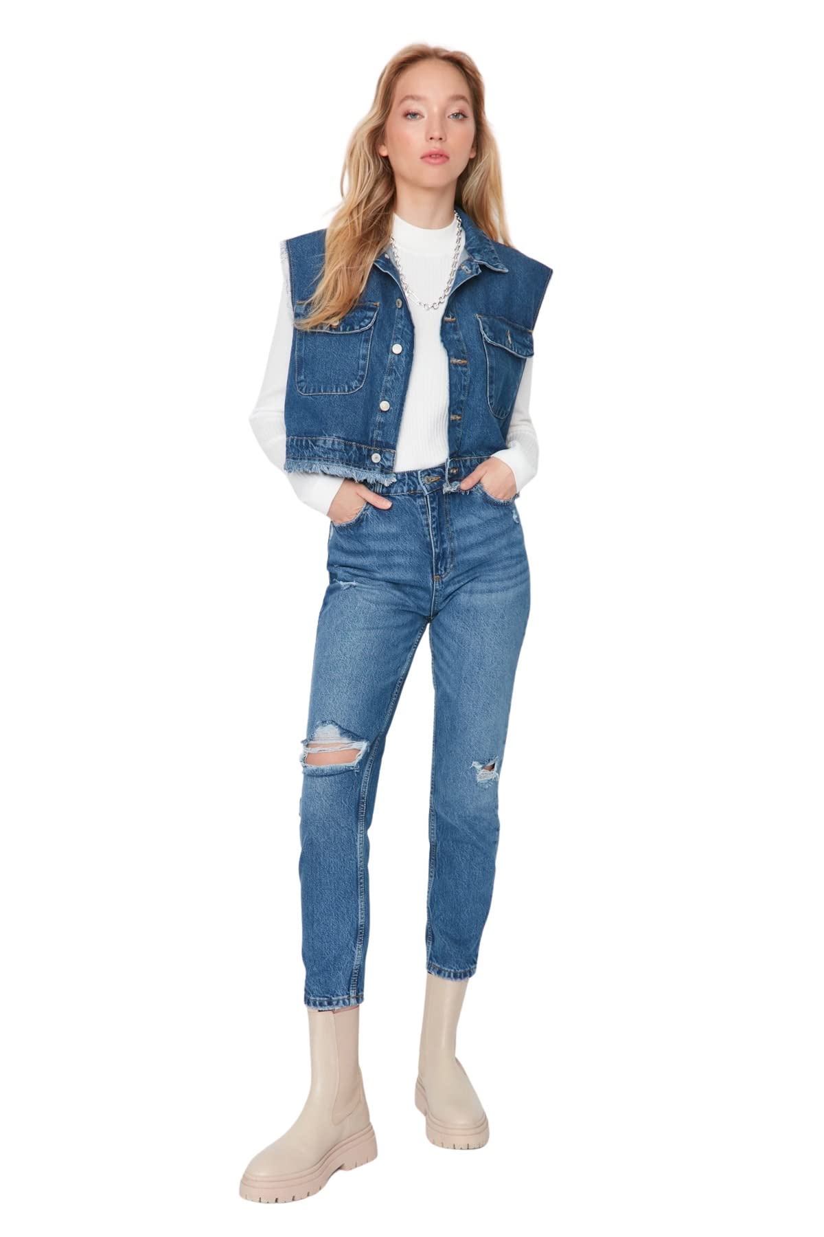 Trendyol Women High Waist Straight Leg Mom Jeans Blue