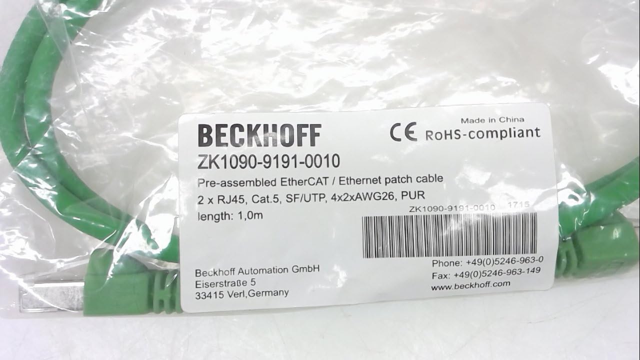 Beckhoff Zk1090-9191-0010, Ethernet Cable, 1M, Str/Male/Rj45 Zk1090-9191-0010