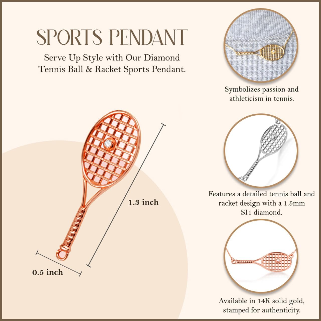 Claddagh Gold 14K Diamond Tennis Ball & Racket Sports Necklace Available in Yellow, Rose and White Gold