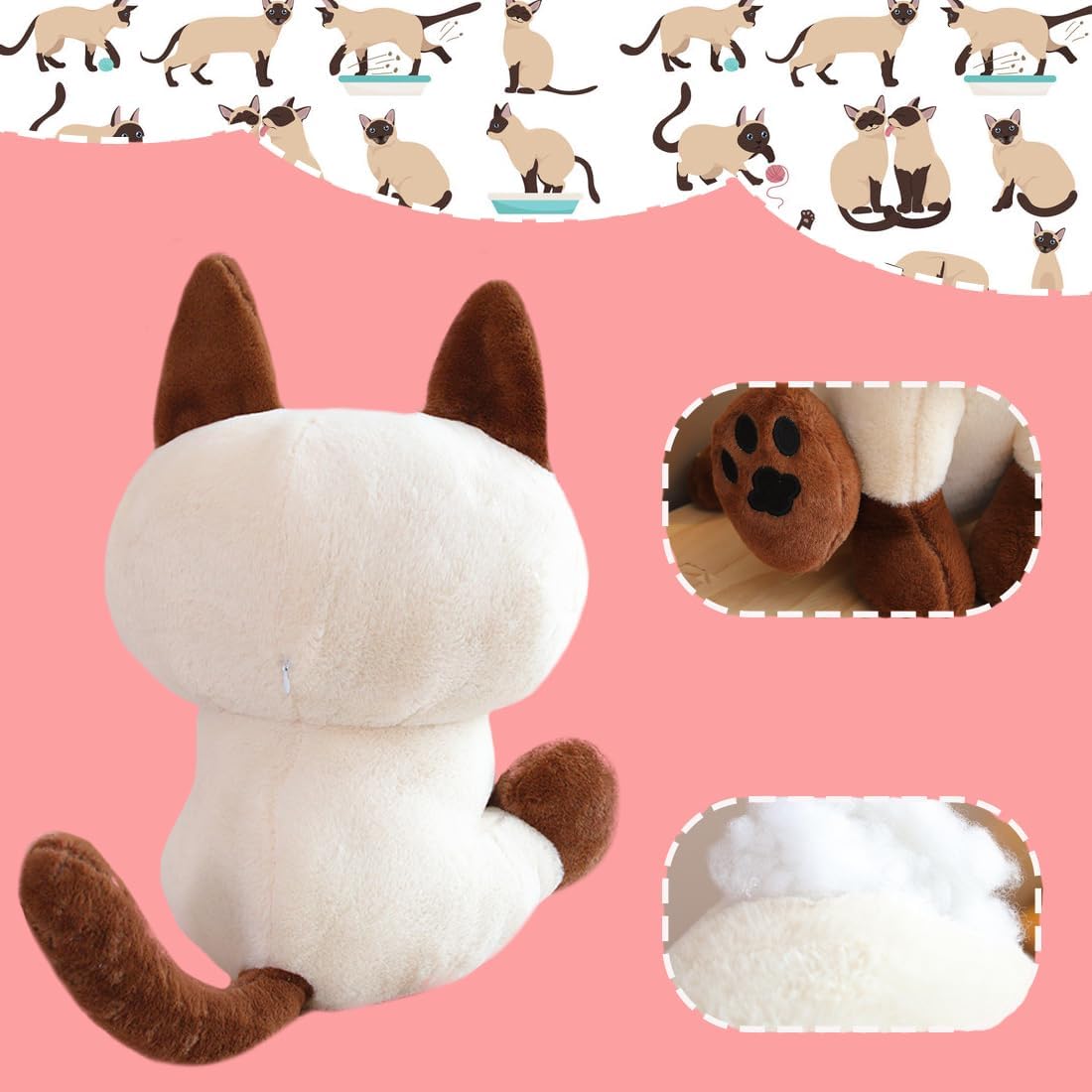 ELAINREN Cuddly Siamese Kitten Stuffed Soft Pillow Cartoon Sitting Siamese Cat Plush Toy Kawaii Siamese Kitty Plushie Doll Gifts/17.7''