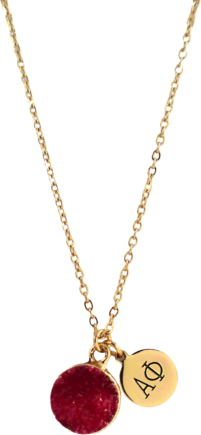 Sorority Shop AP Necklace - Alpha Phi Red Druzy Gemstone Necklace With Engraved Pendant – 14K Gold Dipped Jewelry with Red Gemstone – Sorority Gift, Charm Paraphernalia