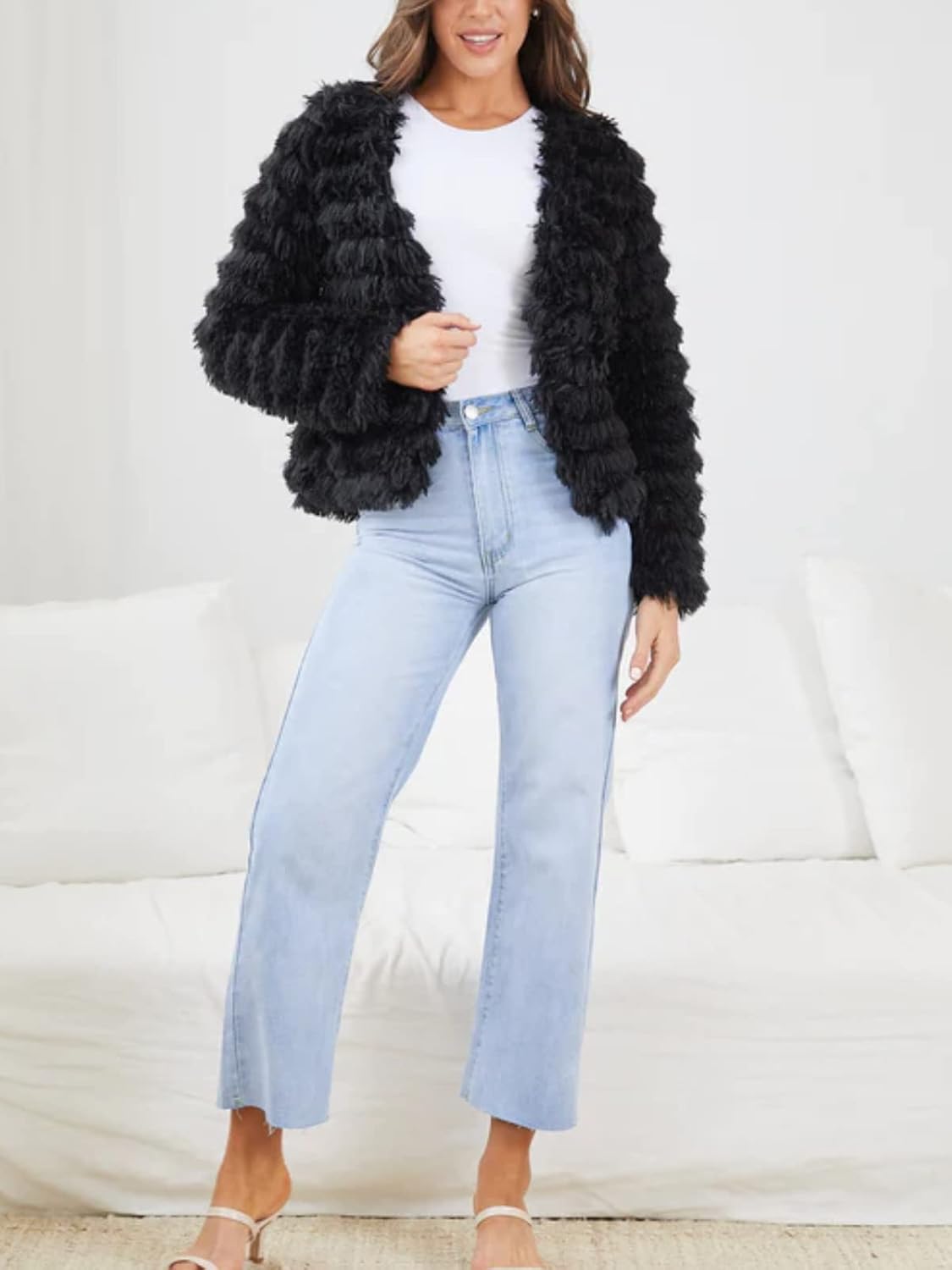 Womens Open Front Faux Fur Cardigan Vintage Parka Shaggy Jacket Coat - Image 6