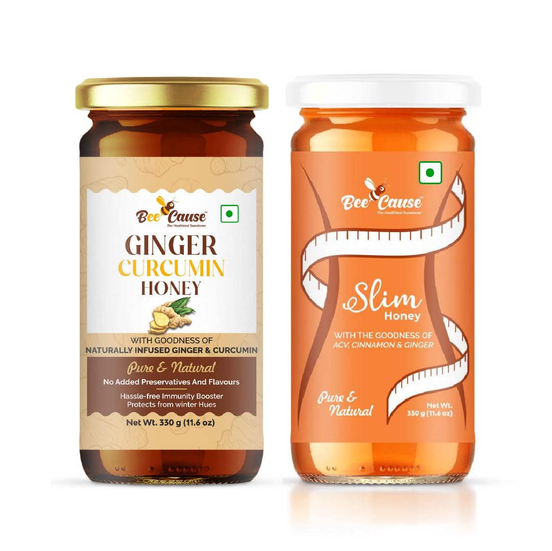 Bee Cause Gut & Immunity Support Pack | 100% Pure Honey, No Added sugar | Lab Tested Purity, Natural Honey, combo of Slim Honey & Ginger Curcumin Honey.