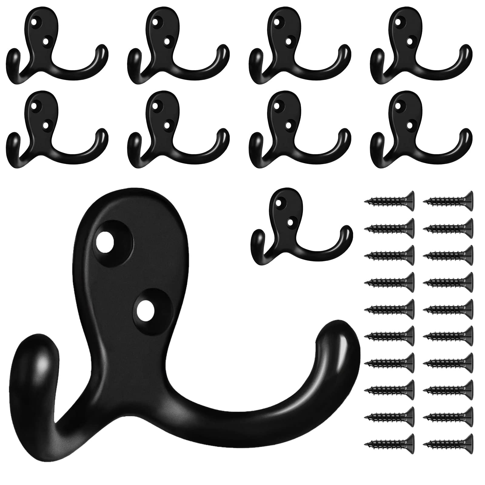 10 Pack Coat Hooks, Wall Hooks,Heavy Duty Double Prong Coat Hooks Wall Mounted, Coat Hooks for Wall Hooks for Hanging with 20 Screws Black Hooks for Hanging Coat, Bag, Scarf, Towel, Hat, Key(Black)