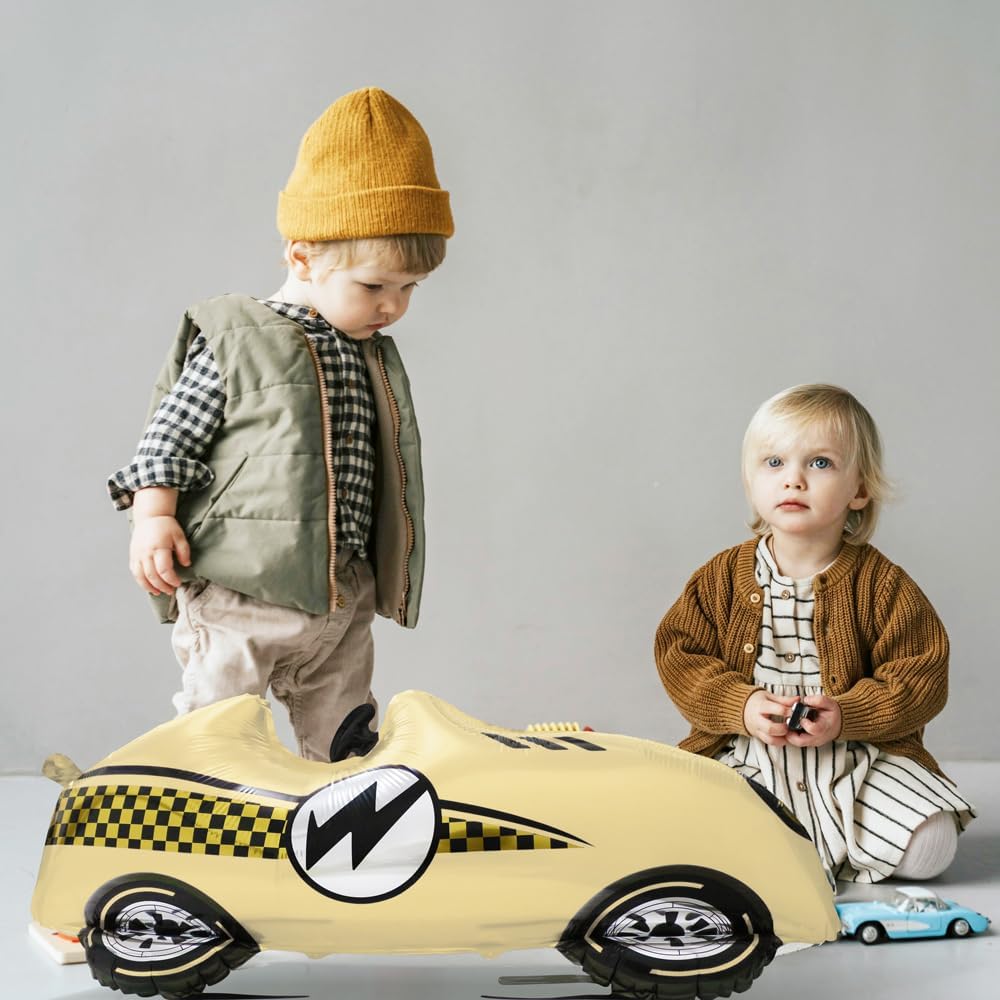 All-In-1 Racing Car Themed 1st Baby Shower Balloons, Yellow Fast Speedy Race Car Hot Wheels Tire Checkered Black and White Flag Balloon For Birthday Retro Racing Party Decorations Supplies