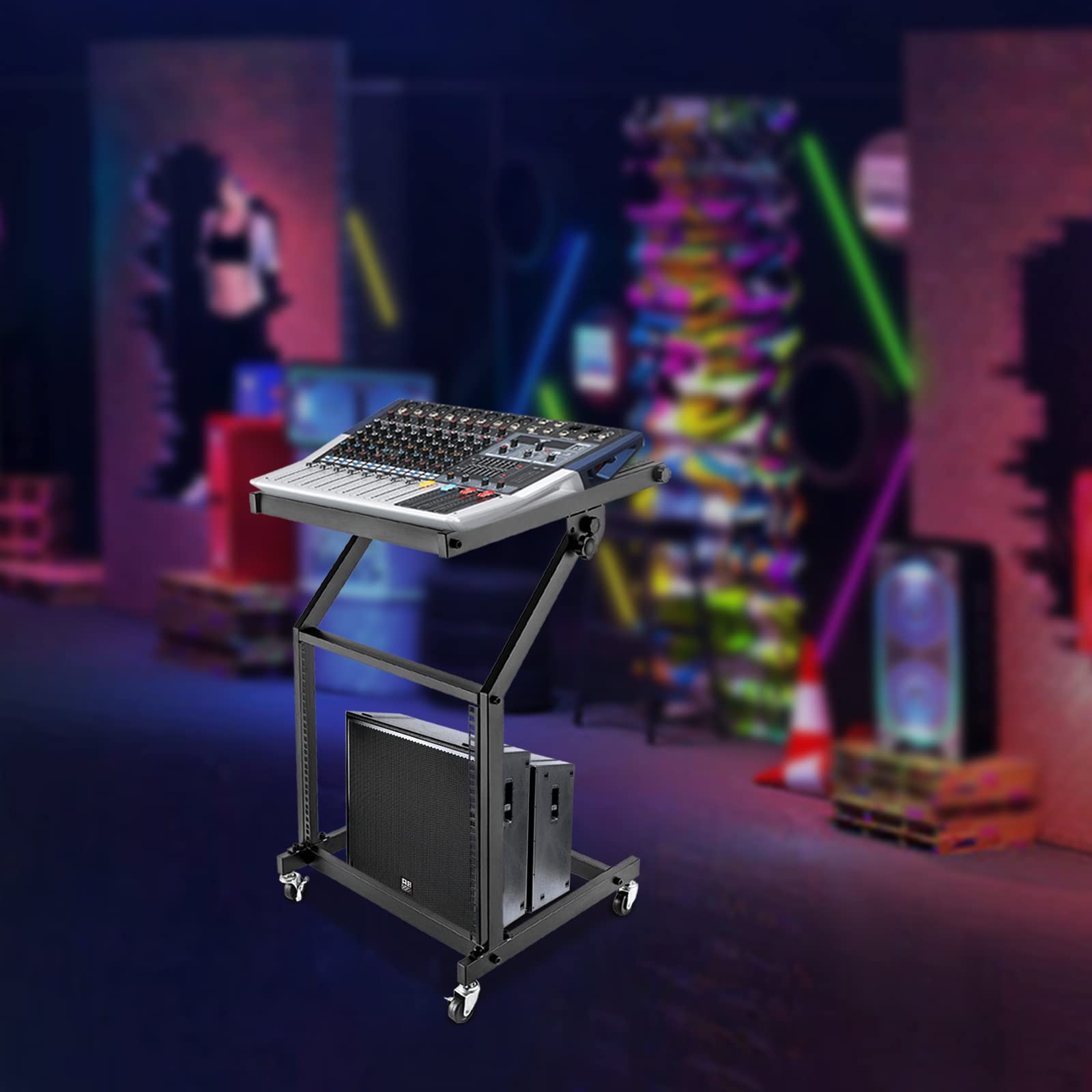 Adjustable DJ Stand, 9U Rack Mount Mixer Case Stand Cart Stage Amp DJ Rolling Studio Equipment with 4 Wheels for Homes Offices Stage Music Studios (9U)