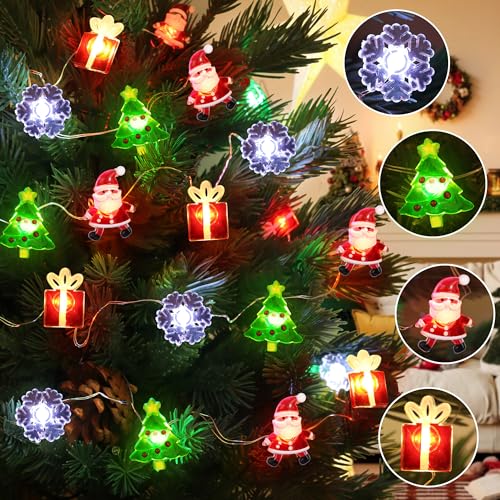 Christmas String Lights 12FT 32 LED Battery Operated Fairy Lights with Snowflake, Xmas Tree, Santa Claus and Gift Box, Multi-Color LEDs Copper Wire Lights with Timer for Indoor Outdoor Holiday Decor