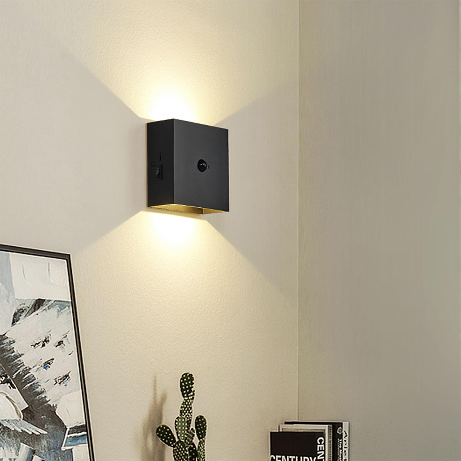 LED Interior Apliques de Pared con Sensor de Movimiento Recargable Lámparas de Pared Magnética Arriba Abajo Iluminación para Dormitorio Escaleras Sala de Estar Pasillo (Blanco Luz Blanca,2 Piezas)