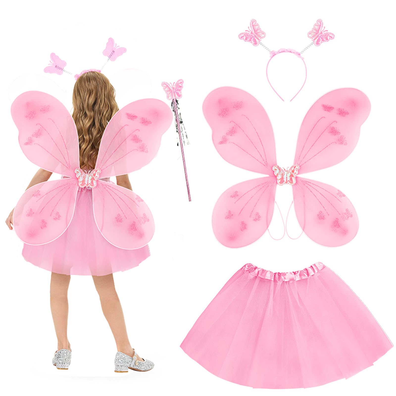 AYBUY Fairy Wings Kids Costume, Butterfly Wings, Mesh Tutu, Magic Wand & Headband, Pink Princess Skirt Set