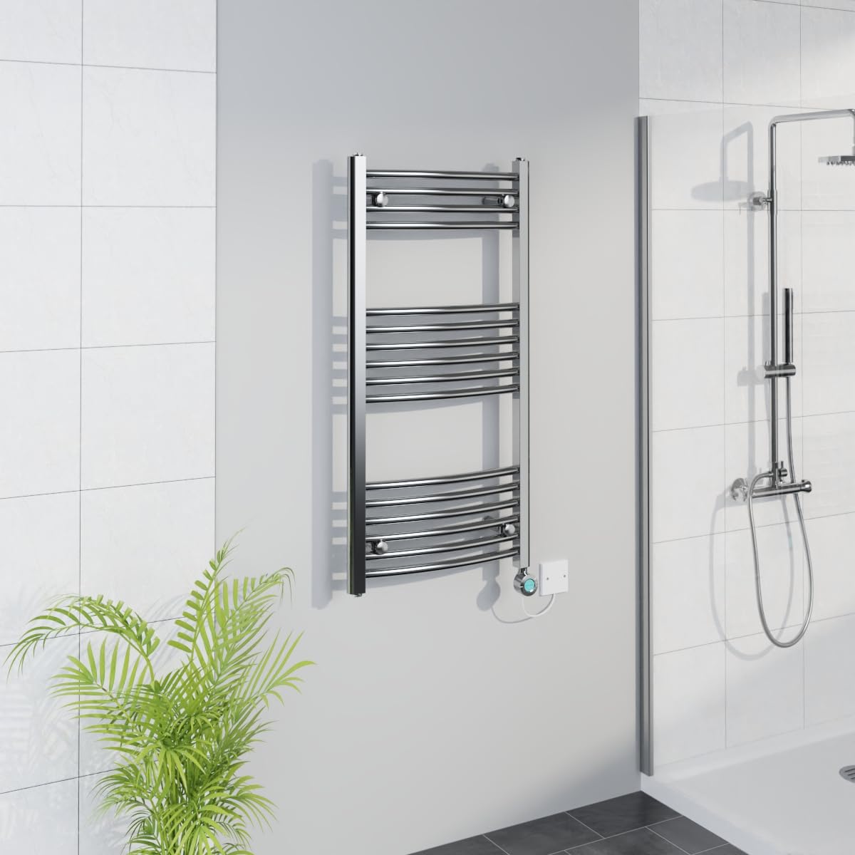 Warmehaus Smart WiFi Thermostatic Electric Bathroom Curved Heated Towel Rail Warmer Radiator with Timer 1000x500mm - Chrome