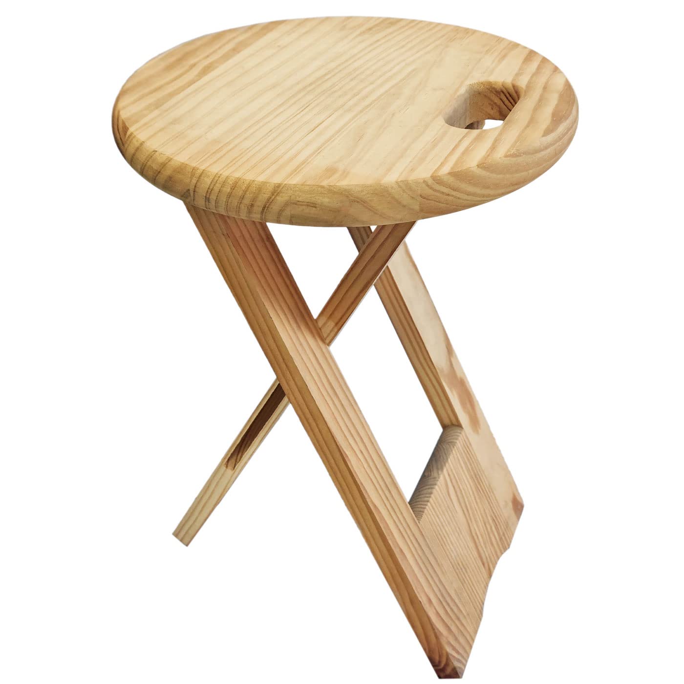 AC - Round Wooden Folding Stool with Handle and Foot Rest - Stable and Robust - Stool for Garden, Balcony, Terrace, Camping, Home - 45 x 32 cm