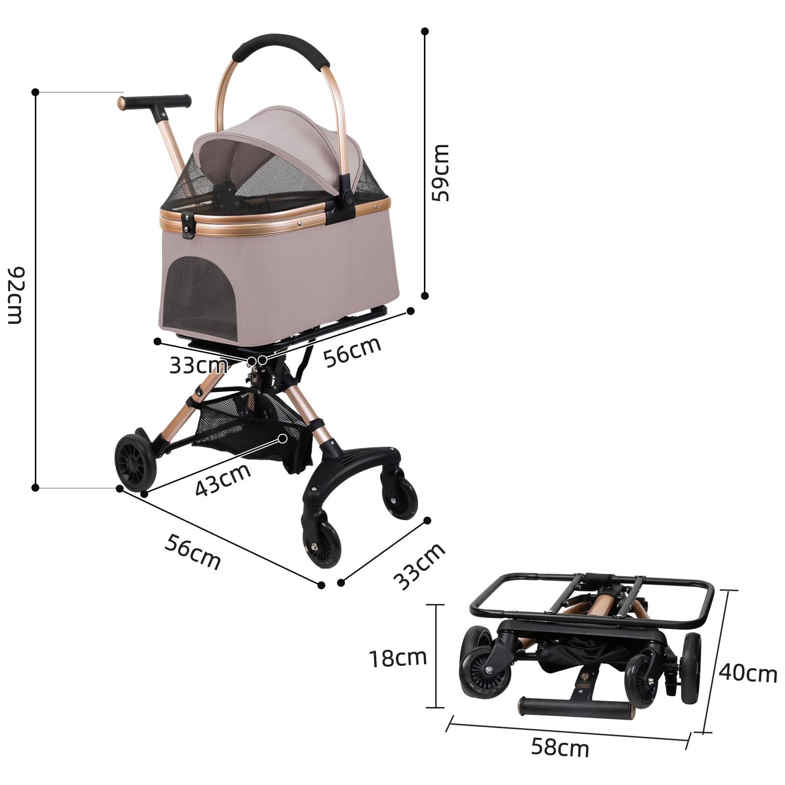 Poussette 3-en-1 Pliable pour Chien et Chat, avec Panier de Rangement, Rose | Avec Panier Détachable et Sac de Transport | 4 Roues 360° avec Laisse de Sécurité | Charge jusqu‘à 20 kg | 92x56x33cm