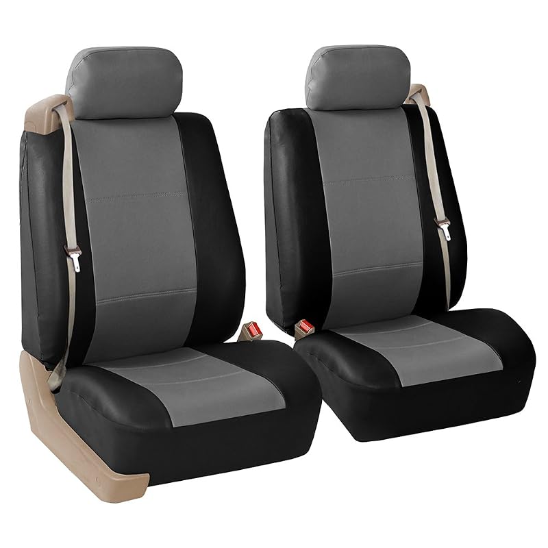 Capa para Banco Automotivo Dianteiro em Couro Sintético PU FH Group Cinza/Preto para Encosto Baixo com Apoio de Cabeça Removível, Kit com 2