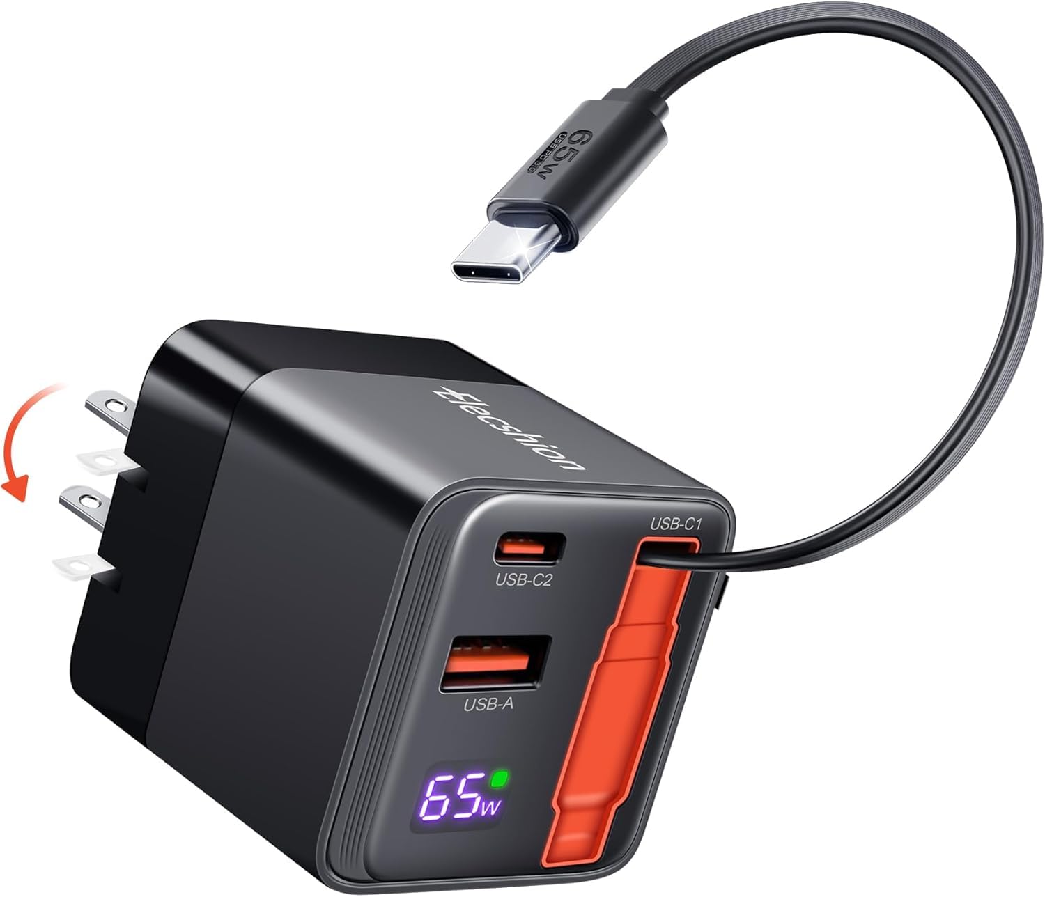 Tobre 3 in 1 GaN Charger Scalable 80W Max Fast Charging Block with Retractable Type-C Cable 2 USB