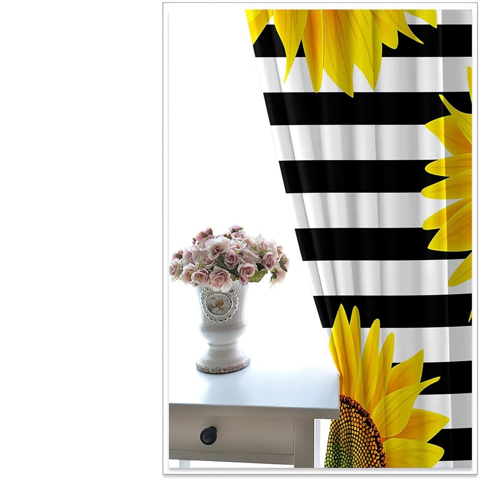 Rideau Fenetre Chambre, Rideau Anniversaire Jaune Noir Blanc Polyester Tournesols sur Fond Rayé 102L x 229H CM Lot de 2