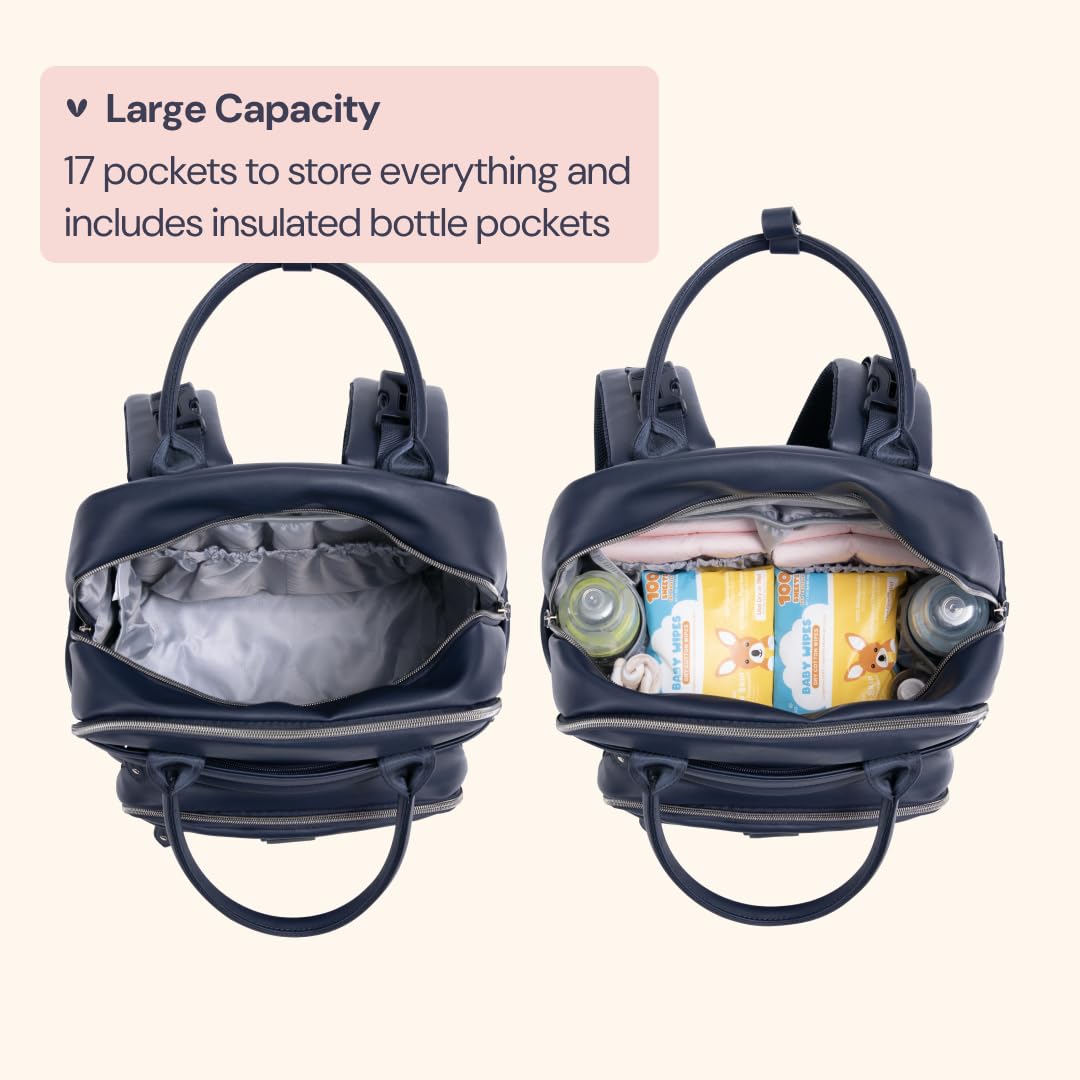 vegan Leather-Style Navy Diaper Backpack - BobbleRoo For Parents BabbleRoo Diaper Bag Backpack, Multifunction Original Baby  main image 4