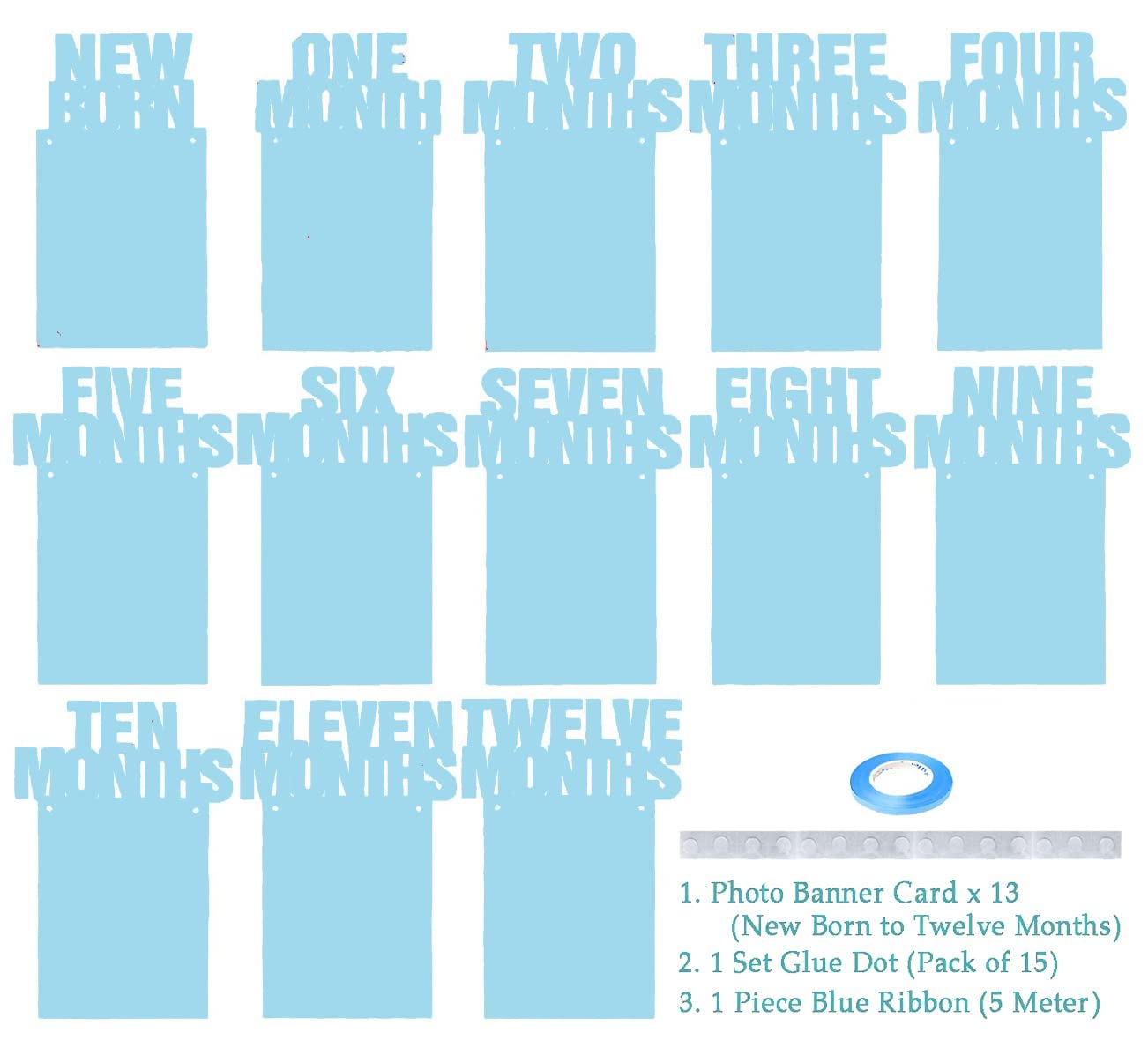 AMFIN® New Born 1st Birthday Baby Photo Banner Blue/Growth Record 1-12 Months/Monthly Milestone Photo Bunting Wreath, First Birthday Party Decoration - Blue 1