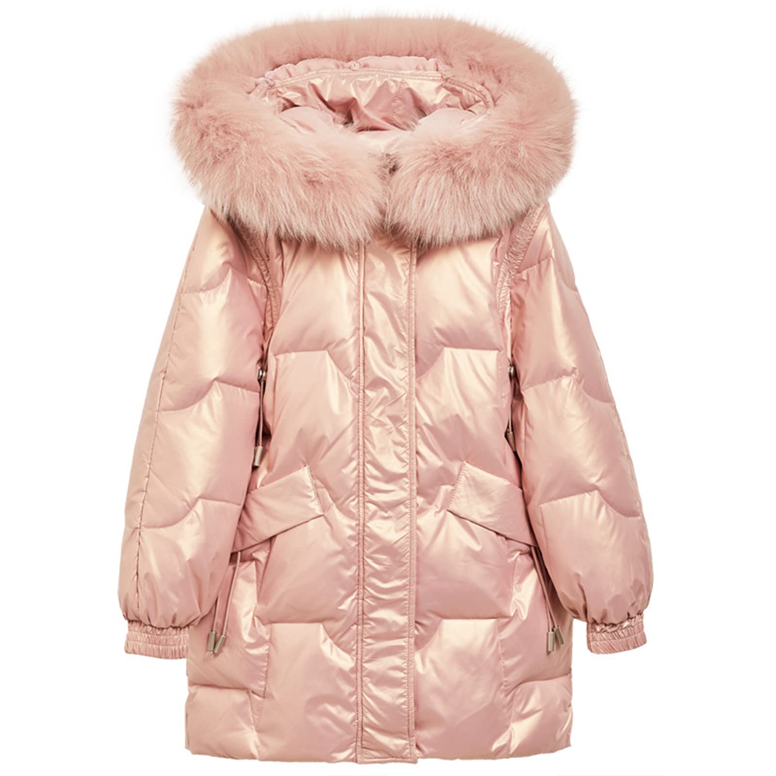 Piumino D'Anatra Bianco per Bambini Giacca Invernale con Cappuccio Ispessita per Ragazze di Media Lunghezza,Pink,17(150CM)