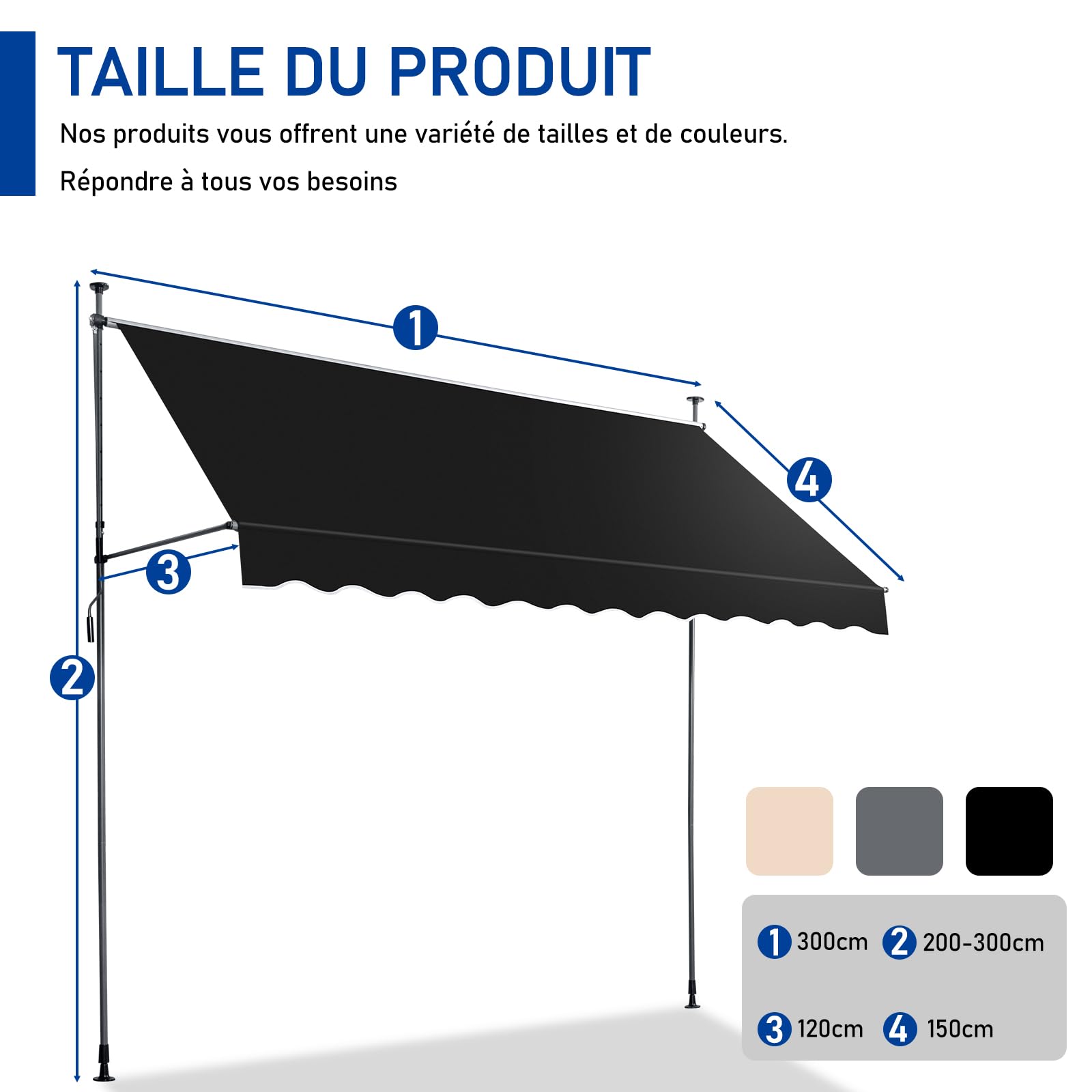 LEADZM Tenda da sole per balcone senza fori, impermeabile, resistente ai raggi UV, regolabile in altezza con manovella, per terrazze, balcone, giardino, negozio (nero, 300 x 120 x (200-300)