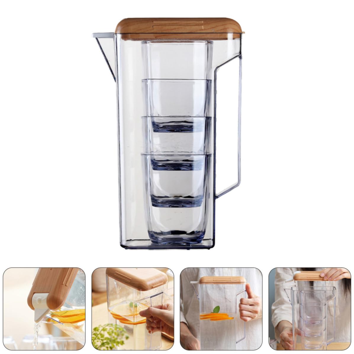 Jarra de Agua Fría de Plástico Asa 1600ml y Tapa Madera | As y Pp, Transparente, para Bebida Casera y Té Helado, Uso en Cena o Barbacoa