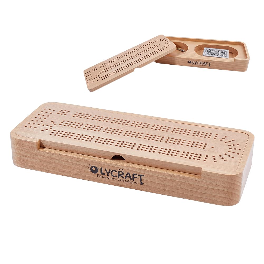 OLYCRAFT Set Da Gioco Cribbage Scatola con Tabellone In Legno di Faggio Scatola con Tabellone e 3 pista per Viaggi e Serate In Famiglia Set Portatile con 2 scomparti per Riporre I Pezzi per I Viaggi
