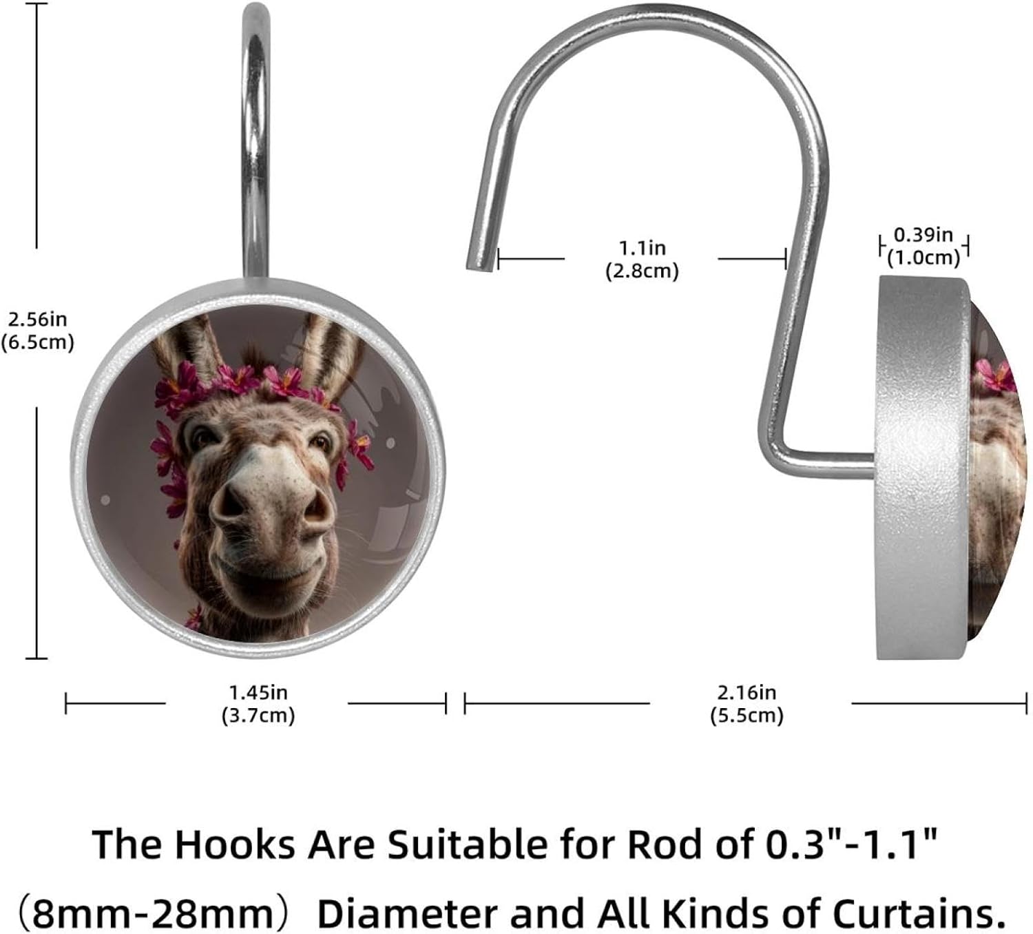 12PCS Funny Donkey Flower (3) Shower Curtain Hooks Rings for Bathroom, Decorative Shower Curtain Hooks Rods Curtains and Liner