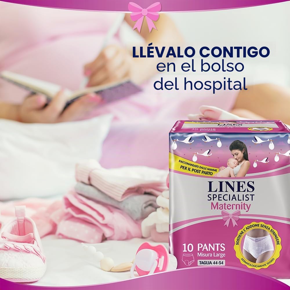 Lines Specialist Maternity - Braguitas absorbentes Lines Maternity Postparto con soporte del abdomen y absorción rápida para pérdidas postparto, talla L, paquete de 20 unidades