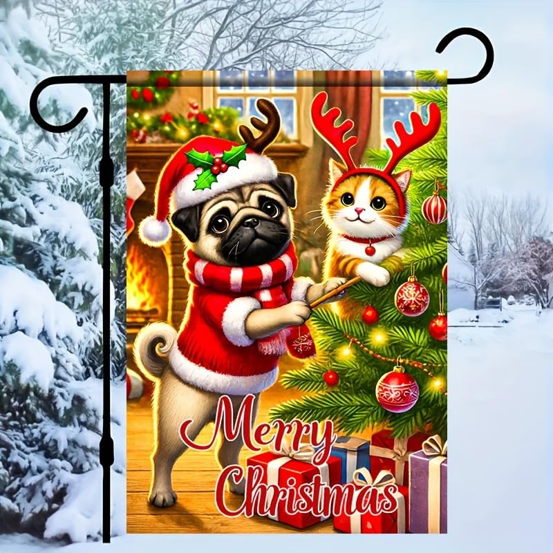 Image of BlissYard Christmas Pug and Cat Garden Flag 12x18 Inch Double Sided Merry Christmas Yard Banner Festive Pug Dog and Cat With Antlers by Christmas Tree Holiday Outdoor Lawn Porch Patio Pathway Seasonal Home Decoration