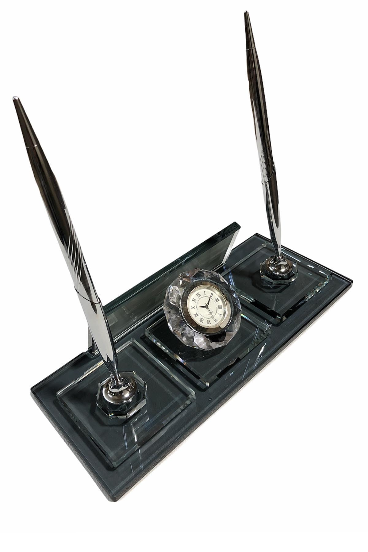 MOOGCO Benutzerdefiniertes Namensschild für den Schreibtisch: schwarzes Glas-Namensschild mit Uhr, Stifthalter mit 2 Stiften, Kartenhalter – Desktop, Schreibtisch (Schwarzes Doppelbett mit Uhr)