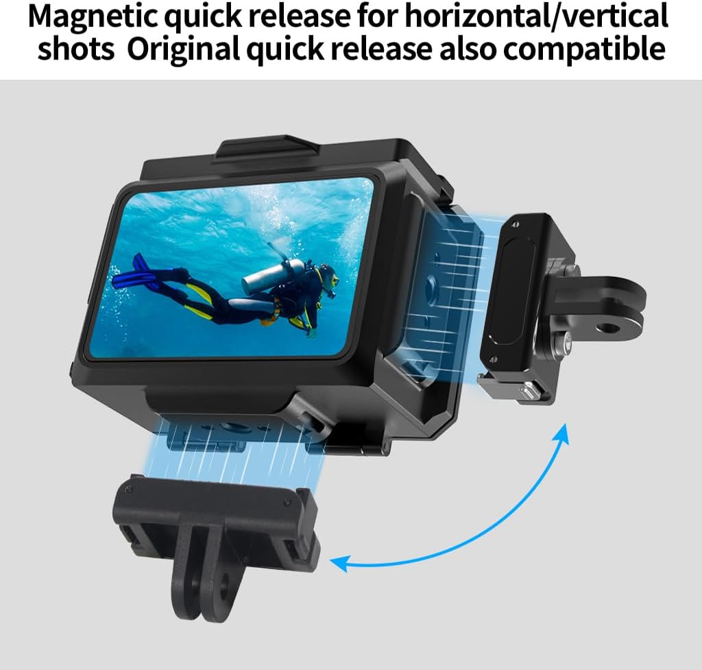 FEICHAO 80m Diving Camera Case 1/4 Positioning Hole Underwater Frame Compatible with Action 5 Pro/4/3 Sports Camera (Case+Quick Release Base)