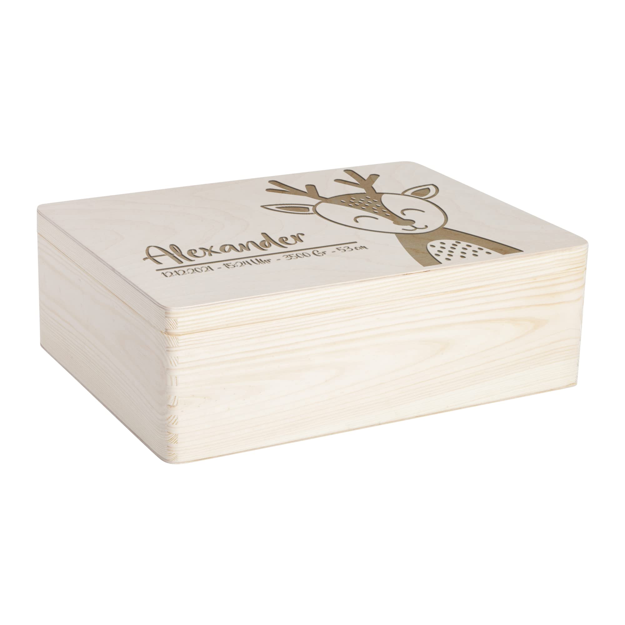 Niedliches Reh | Erinnerungsbox zur Geburt - Personalisierte Geschenke für Jungen & Mädchen - Aufbewahrungsbox, Erinnerungskiste, Holzkiste, Geschenkbox | mit Deckel - 40x30x14 cm
